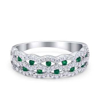 Half Eternity Wedding Ring Round Simulated Green Emerald CZ 925 Sterling Silver